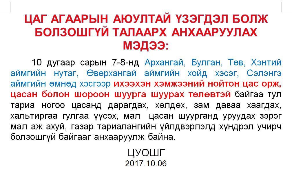 Анхаар: Цаг агаарын аюултай үзэгдэл болж болзошгүй